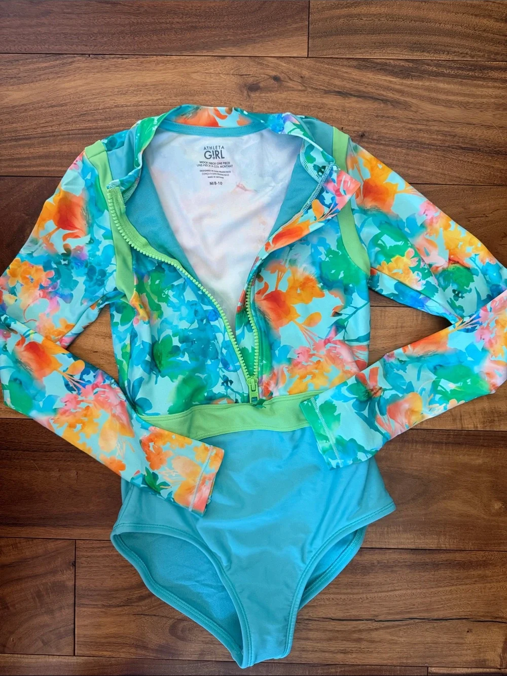 NWOT Athleta Girl Floral Aqua and Orange Long-Sleeve One-Piece Rash Guard